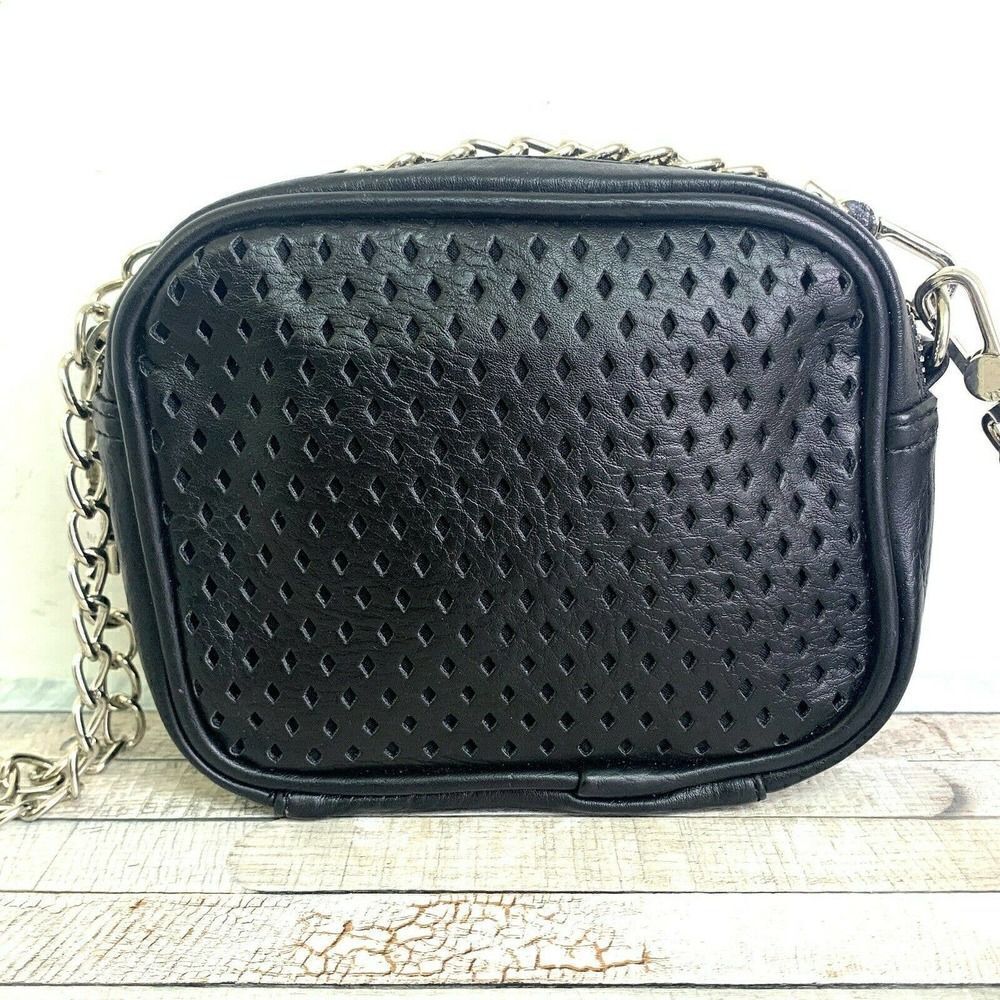 PINK VICTORIA`S SECRET BLACK LEATHER SMALL ZIP CHAIN CROSSBODY SHOULDER BAG